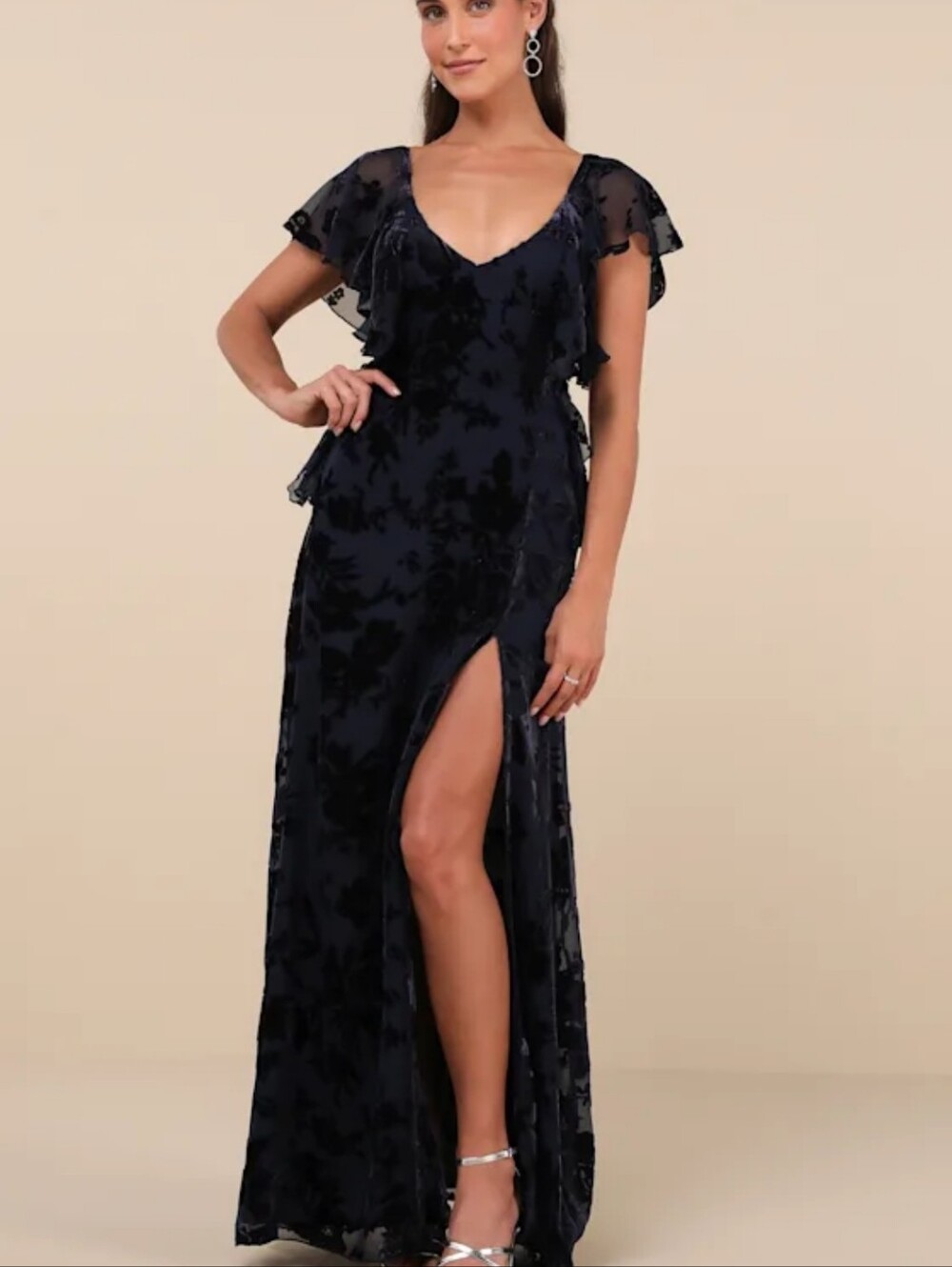 Lulus Romantic Wonder Navy Burnout Velvet Ruffled Tie-Back Maxi Dress